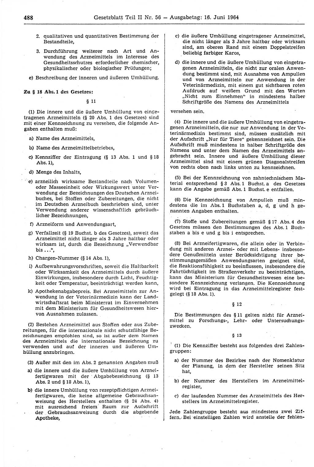 Gesetzblatt (GBl.) der Deutschen Demokratischen Republik (DDR) Teil ⅠⅠ 1964, Seite 488 (GBl. DDR ⅠⅠ 1964, S. 488)