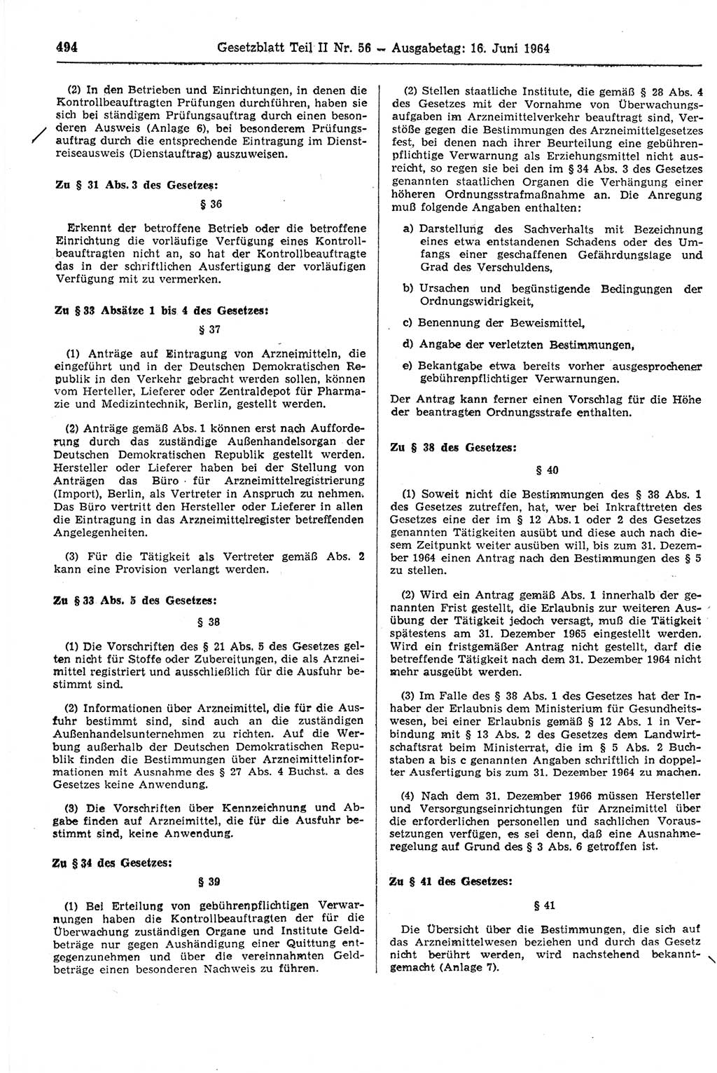 Gesetzblatt (GBl.) der Deutschen Demokratischen Republik (DDR) Teil ⅠⅠ 1964, Seite 494 (GBl. DDR ⅠⅠ 1964, S. 494)