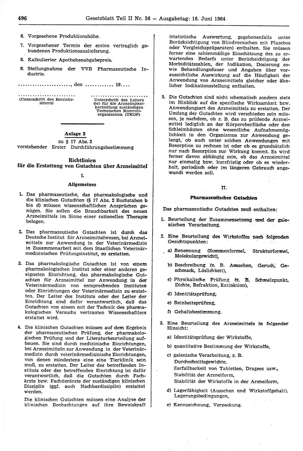 Gesetzblatt (GBl.) der Deutschen Demokratischen Republik (DDR) Teil ⅠⅠ 1964, Seite 496 (GBl. DDR ⅠⅠ 1964, S. 496)