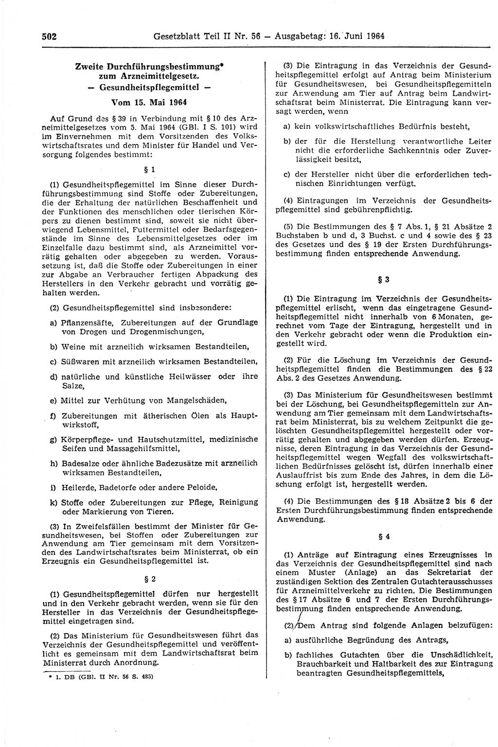Gesetzblatt (GBl.) der Deutschen Demokratischen Republik (DDR) Teil ⅠⅠ 1964, Seite 502 (GBl. DDR ⅠⅠ 1964, S. 502)