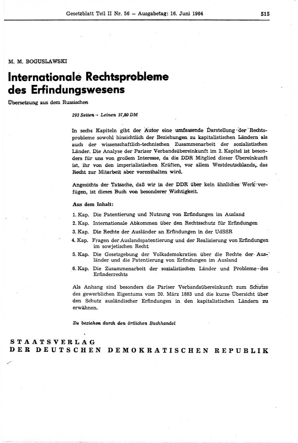 Gesetzblatt (GBl.) der Deutschen Demokratischen Republik (DDR) Teil ⅠⅠ 1964, Seite 515 (GBl. DDR ⅠⅠ 1964, S. 515)