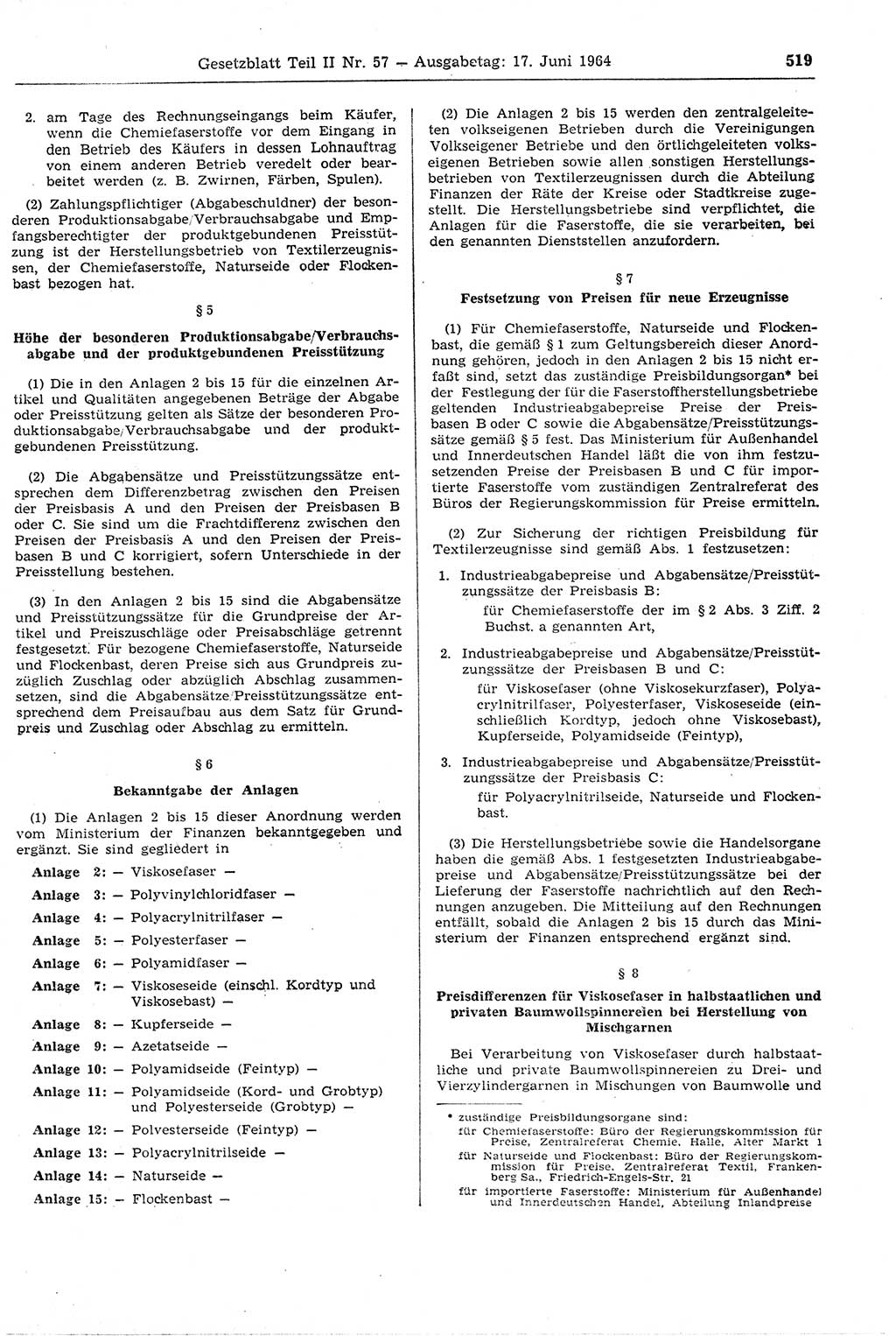 Gesetzblatt (GBl.) der Deutschen Demokratischen Republik (DDR) Teil ⅠⅠ 1964, Seite 519 (GBl. DDR ⅠⅠ 1964, S. 519)