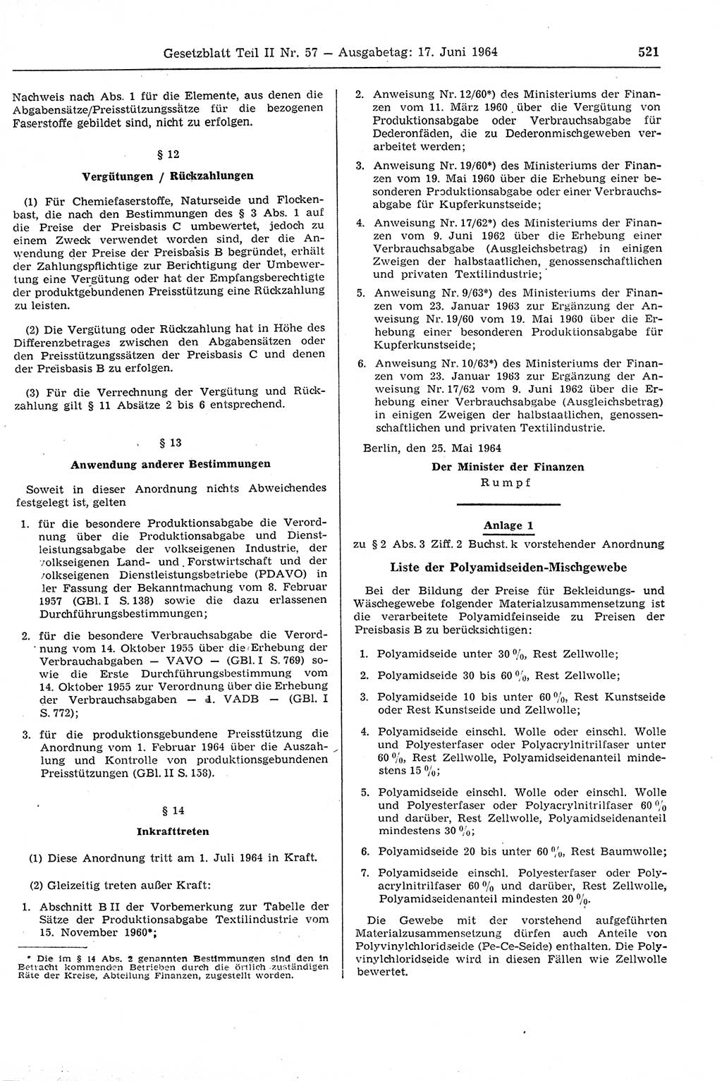 Gesetzblatt (GBl.) der Deutschen Demokratischen Republik (DDR) Teil ⅠⅠ 1964, Seite 521 (GBl. DDR ⅠⅠ 1964, S. 521)