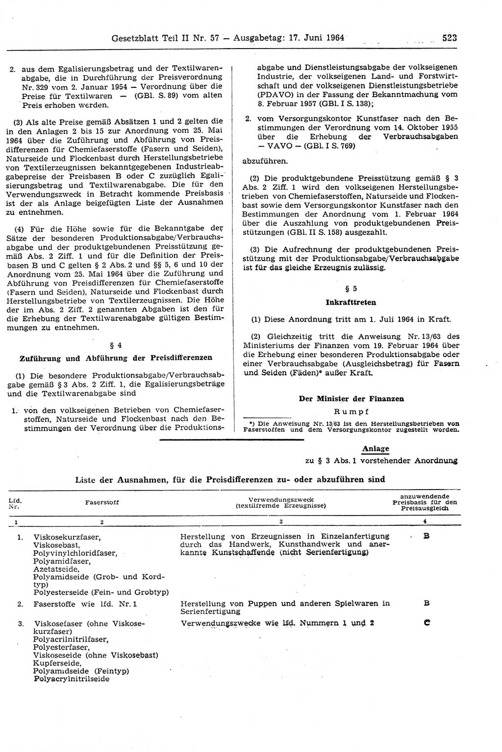 Gesetzblatt (GBl.) der Deutschen Demokratischen Republik (DDR) Teil ⅠⅠ 1964, Seite 523 (GBl. DDR ⅠⅠ 1964, S. 523)