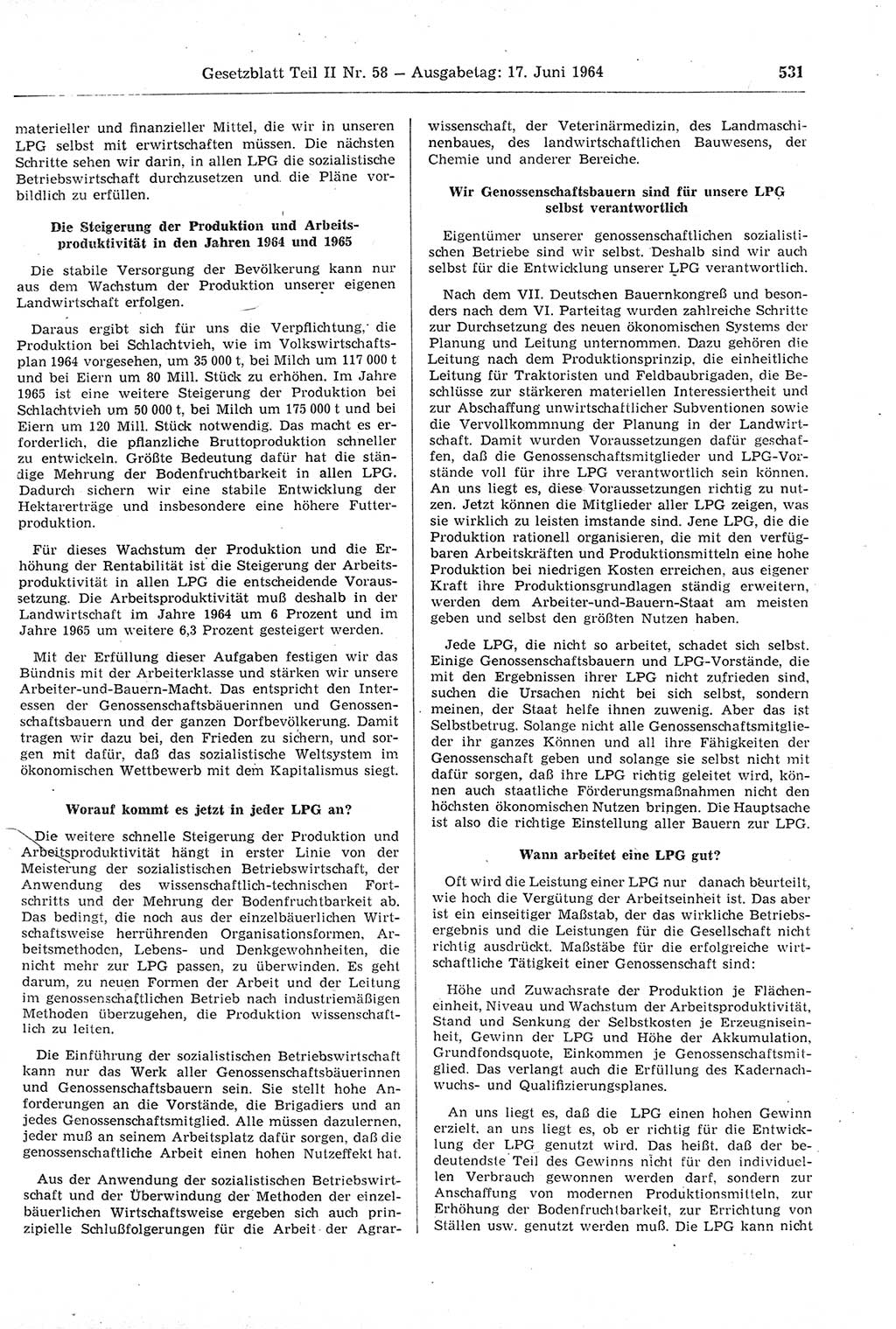 Gesetzblatt (GBl.) der Deutschen Demokratischen Republik (DDR) Teil ⅠⅠ 1964, Seite 531 (GBl. DDR ⅠⅠ 1964, S. 531)