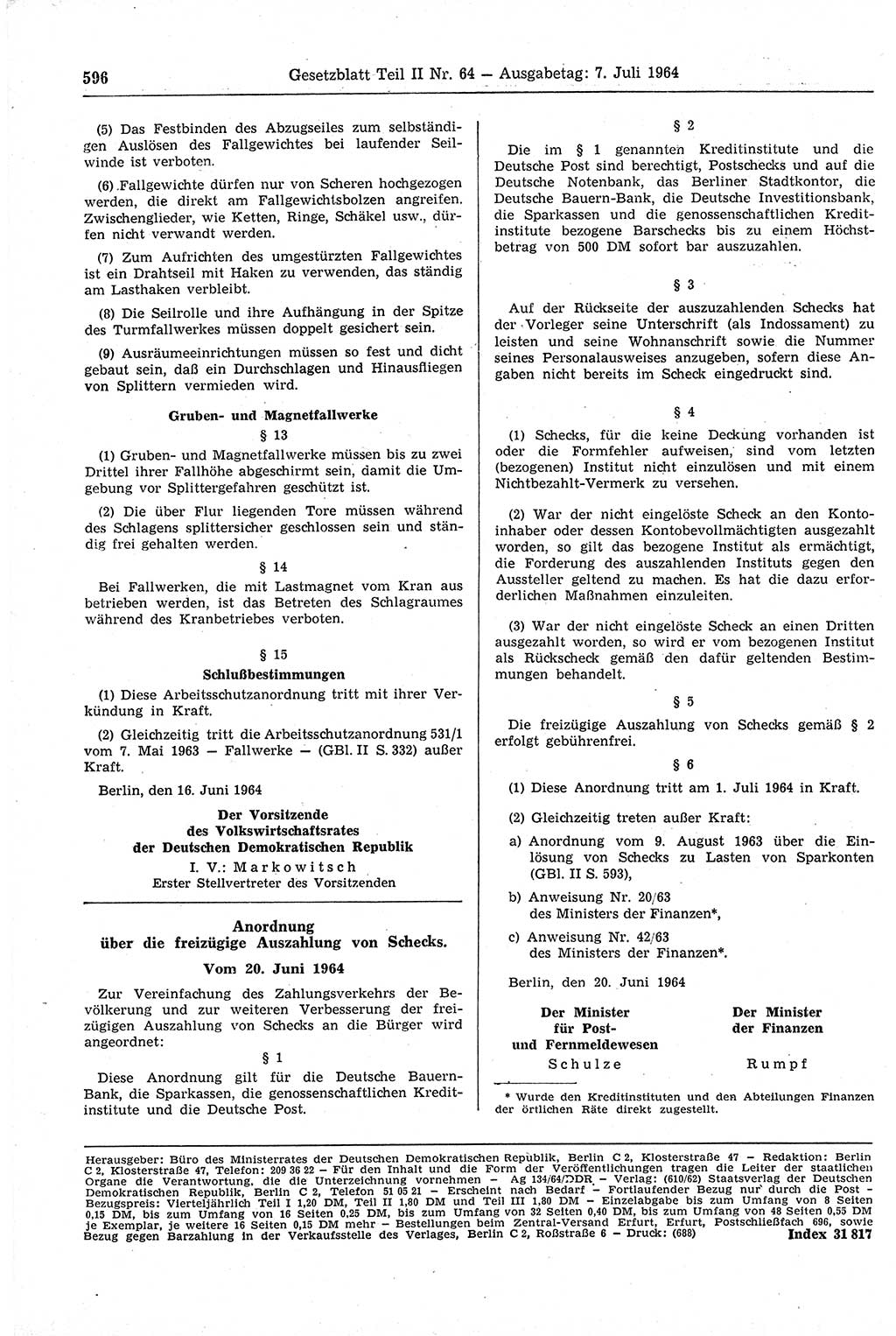 Gesetzblatt (GBl.) der Deutschen Demokratischen Republik (DDR) Teil ⅠⅠ 1964, Seite 596 (GBl. DDR ⅠⅠ 1964, S. 596)