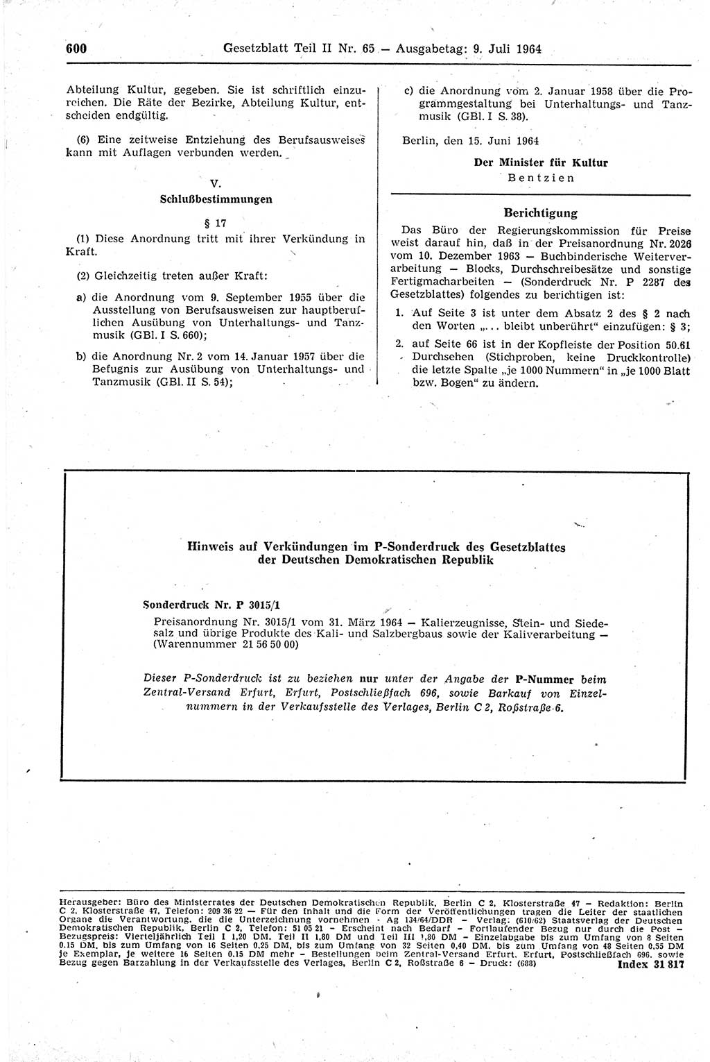 Gesetzblatt (GBl.) der Deutschen Demokratischen Republik (DDR) Teil ⅠⅠ 1964, Seite 600 (GBl. DDR ⅠⅠ 1964, S. 600)