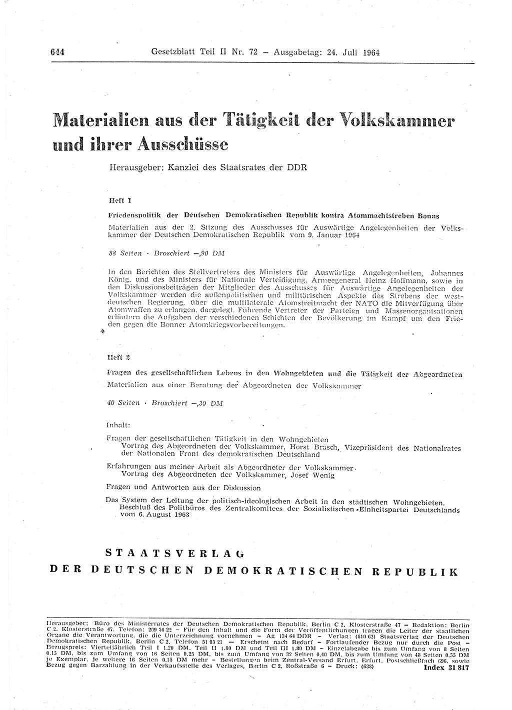 Gesetzblatt (GBl.) der Deutschen Demokratischen Republik (DDR) Teil ⅠⅠ 1964, Seite 644 (GBl. DDR ⅠⅠ 1964, S. 644)