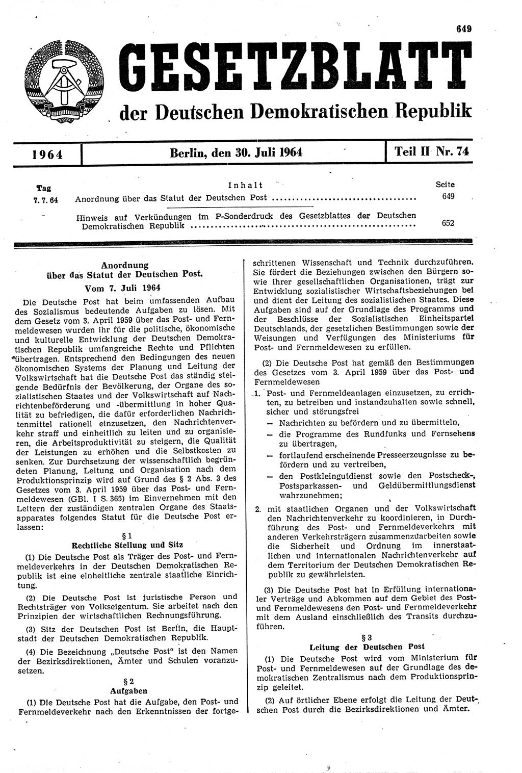 Gesetzblatt (GBl.) der Deutschen Demokratischen Republik (DDR) Teil ⅠⅠ 1964, Seite 649 (GBl. DDR ⅠⅠ 1964, S. 649)
