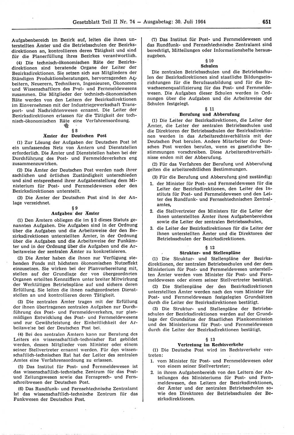 Gesetzblatt (GBl.) der Deutschen Demokratischen Republik (DDR) Teil ⅠⅠ 1964, Seite 651 (GBl. DDR ⅠⅠ 1964, S. 651)