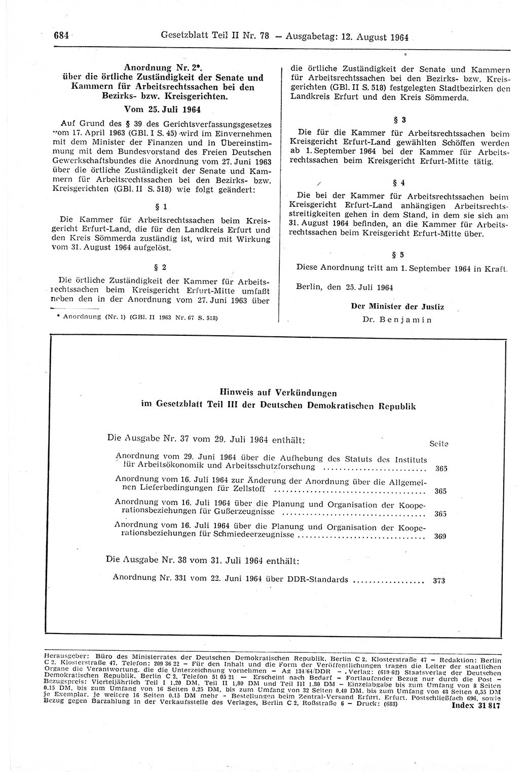 Gesetzblatt (GBl.) der Deutschen Demokratischen Republik (DDR) Teil ⅠⅠ 1964, Seite 684 (GBl. DDR ⅠⅠ 1964, S. 684)
