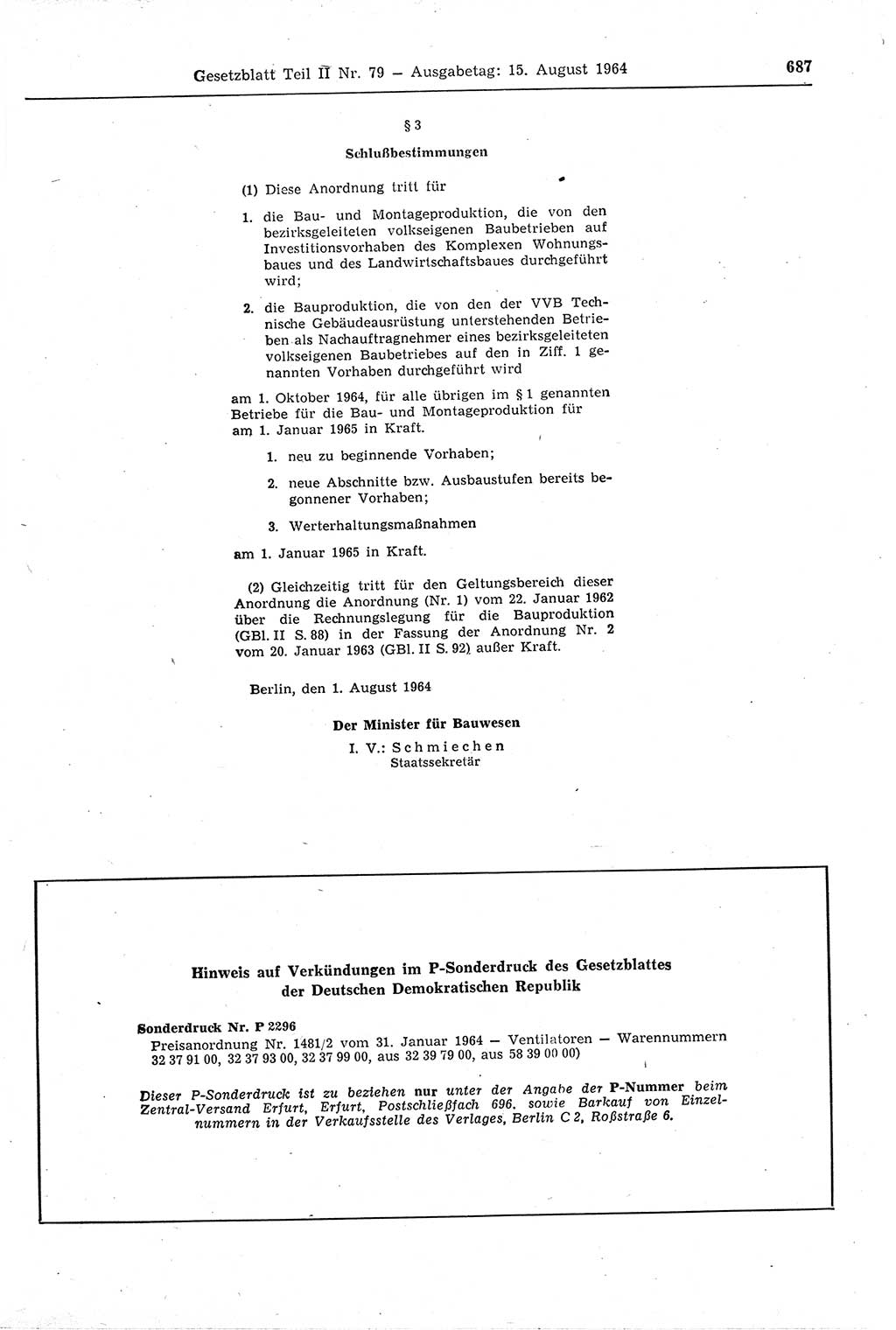 Gesetzblatt (GBl.) der Deutschen Demokratischen Republik (DDR) Teil ⅠⅠ 1964, Seite 687 (GBl. DDR ⅠⅠ 1964, S. 687)