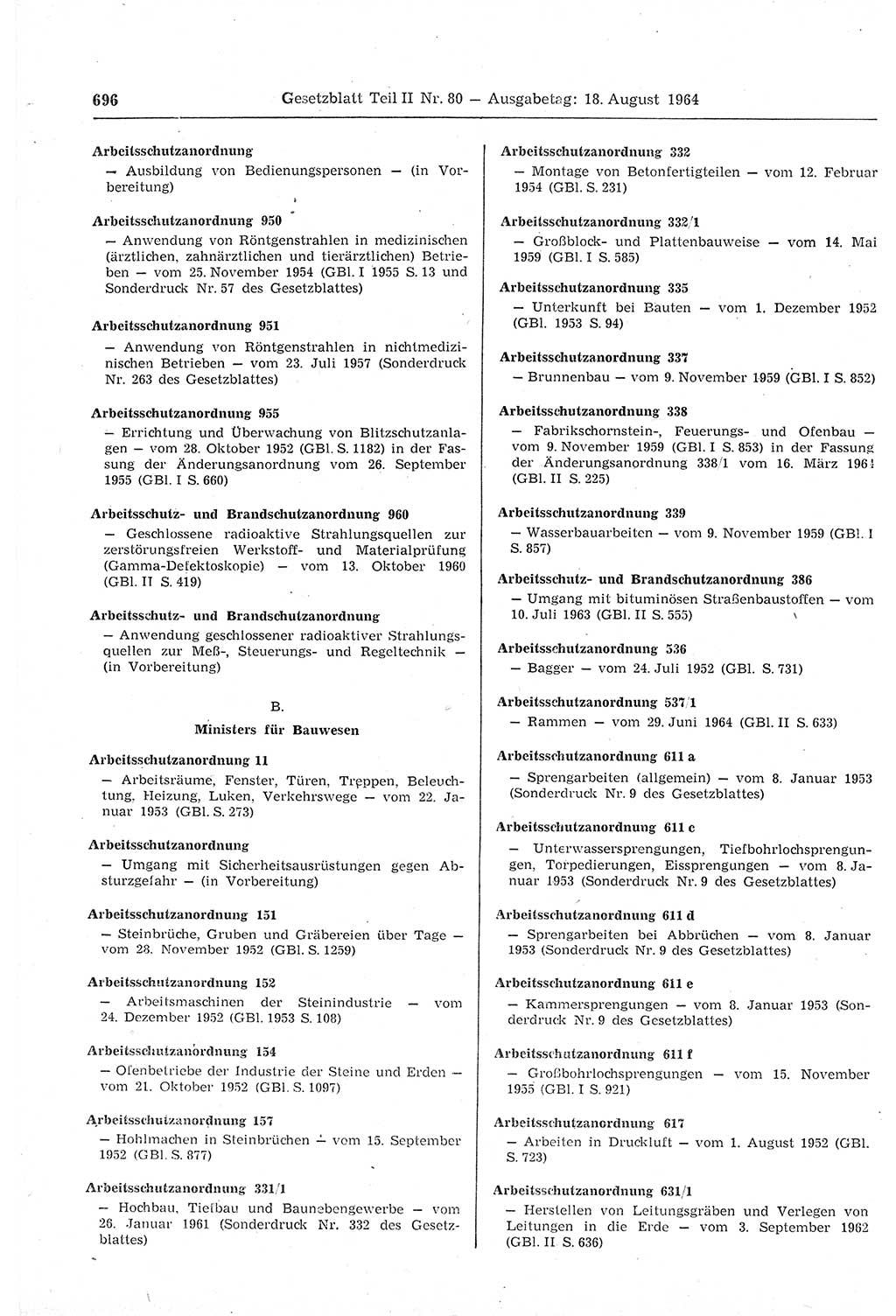 Gesetzblatt (GBl.) der Deutschen Demokratischen Republik (DDR) Teil ⅠⅠ 1964, Seite 696 (GBl. DDR ⅠⅠ 1964, S. 696)