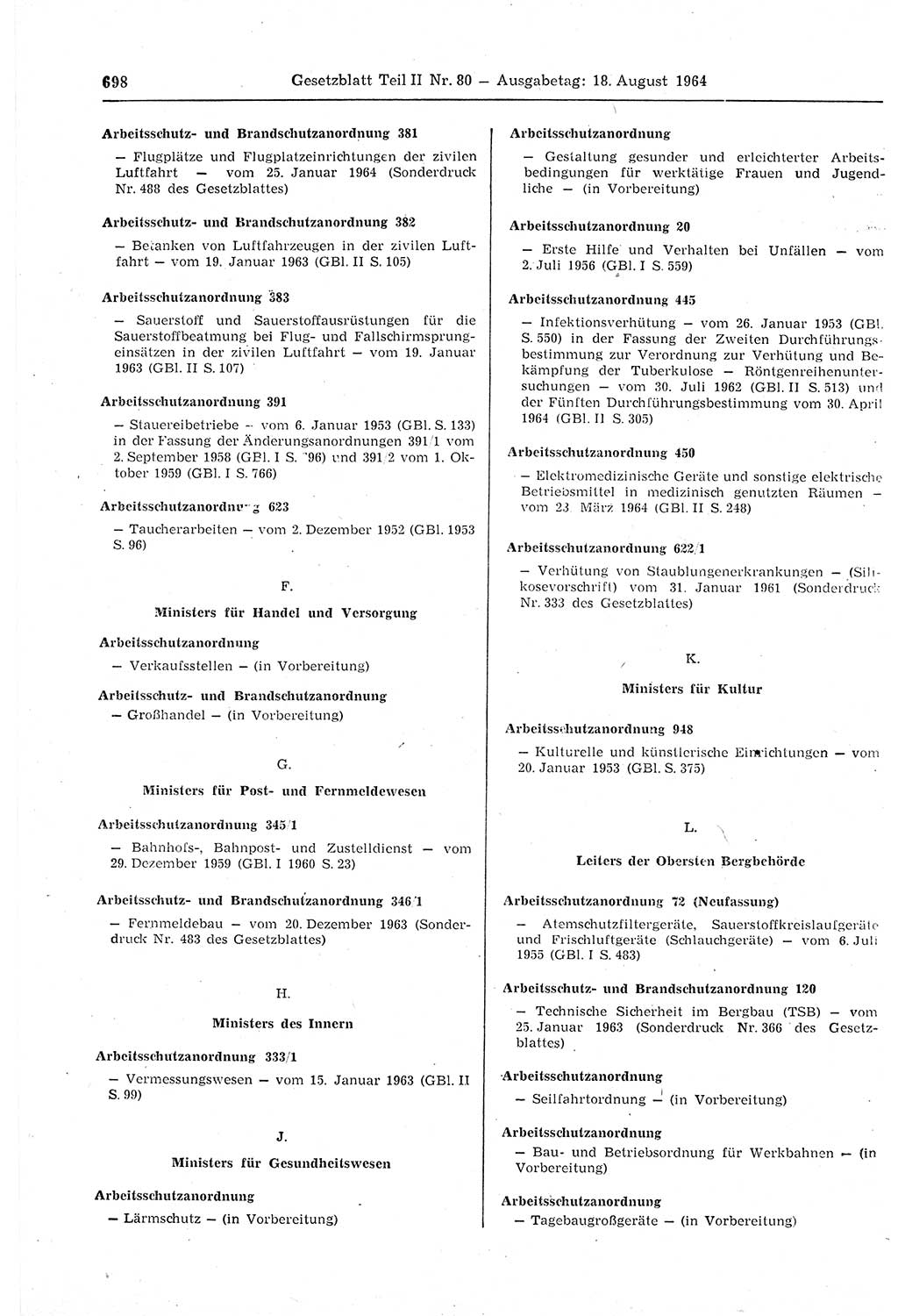 Gesetzblatt (GBl.) der Deutschen Demokratischen Republik (DDR) Teil ⅠⅠ 1964, Seite 698 (GBl. DDR ⅠⅠ 1964, S. 698)