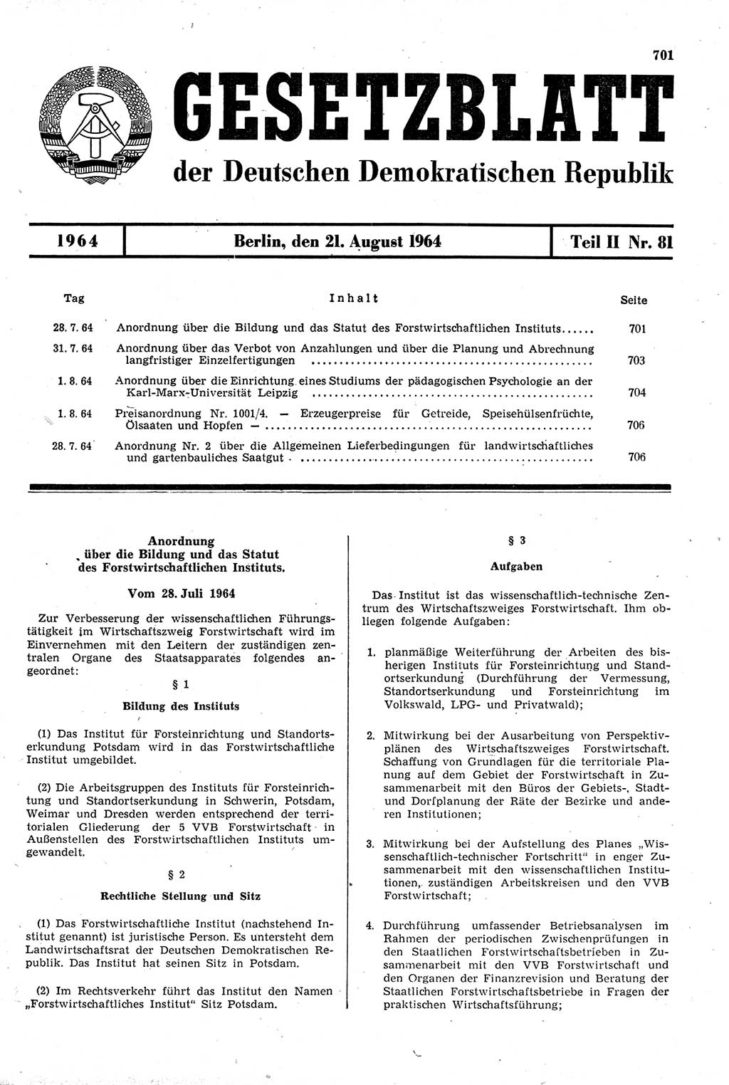 Gesetzblatt (GBl.) der Deutschen Demokratischen Republik (DDR) Teil ⅠⅠ 1964, Seite 701 (GBl. DDR ⅠⅠ 1964, S. 701)