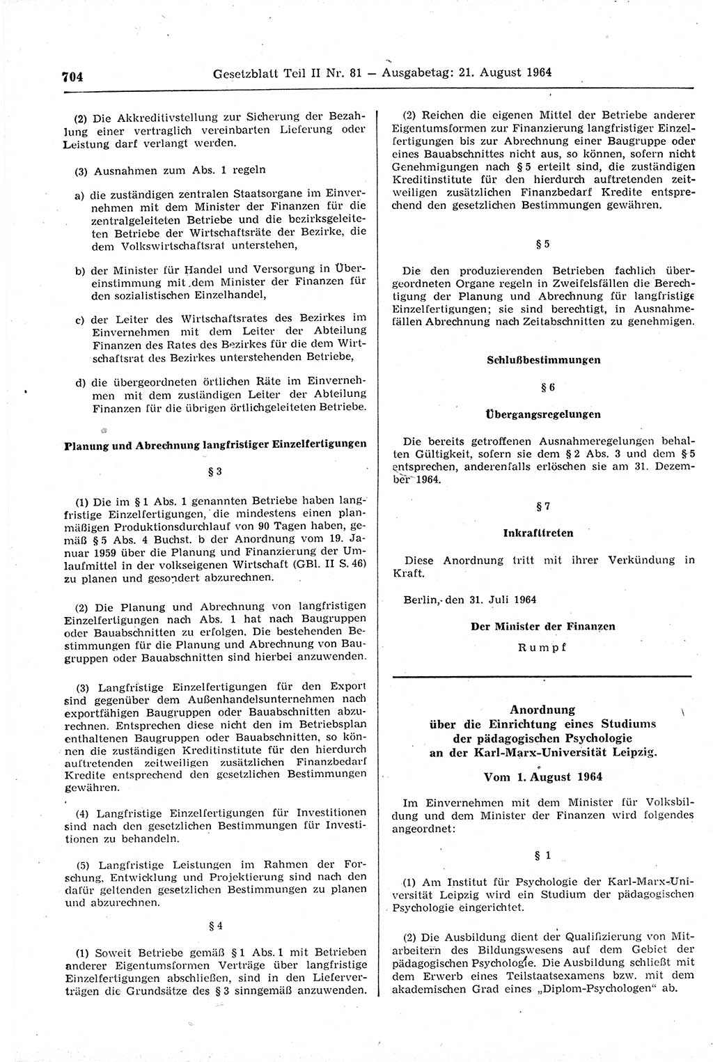 Gesetzblatt (GBl.) der Deutschen Demokratischen Republik (DDR) Teil ⅠⅠ 1964, Seite 704 (GBl. DDR ⅠⅠ 1964, S. 704)