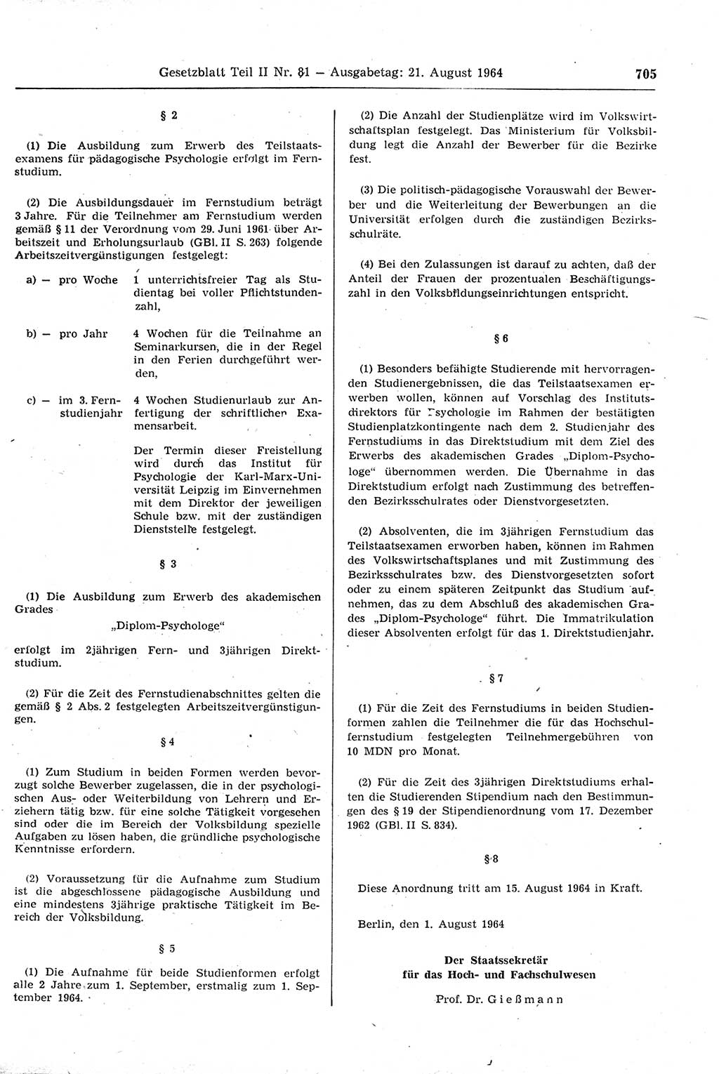 Gesetzblatt (GBl.) der Deutschen Demokratischen Republik (DDR) Teil ⅠⅠ 1964, Seite 705 (GBl. DDR ⅠⅠ 1964, S. 705)