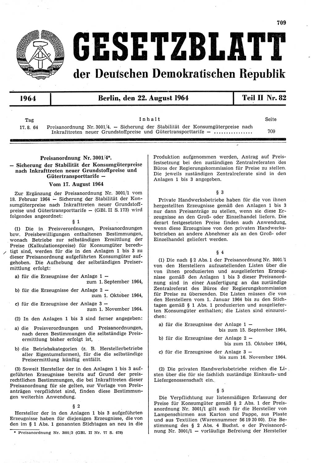 Gesetzblatt (GBl.) der Deutschen Demokratischen Republik (DDR) Teil ⅠⅠ 1964, Seite 709 (GBl. DDR ⅠⅠ 1964, S. 709)