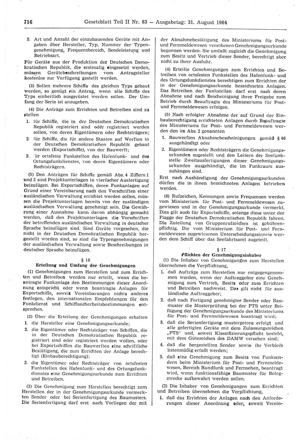 Gesetzblatt (GBl.) der Deutschen Demokratischen Republik (DDR) Teil ⅠⅠ 1964, Seite 716 (GBl. DDR ⅠⅠ 1964, S. 716)
