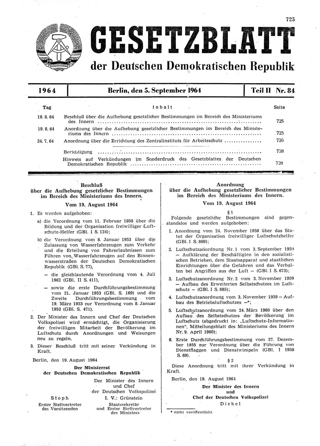 Gesetzblatt (GBl.) der Deutschen Demokratischen Republik (DDR) Teil ⅠⅠ 1964, Seite 725 (GBl. DDR ⅠⅠ 1964, S. 725)