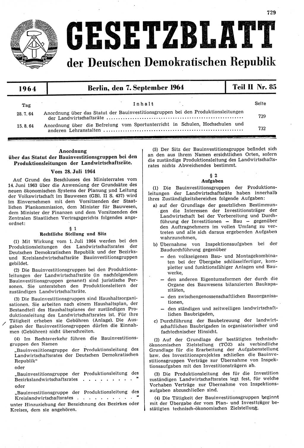 Gesetzblatt (GBl.) der Deutschen Demokratischen Republik (DDR) Teil ⅠⅠ 1964, Seite 729 (GBl. DDR ⅠⅠ 1964, S. 729)