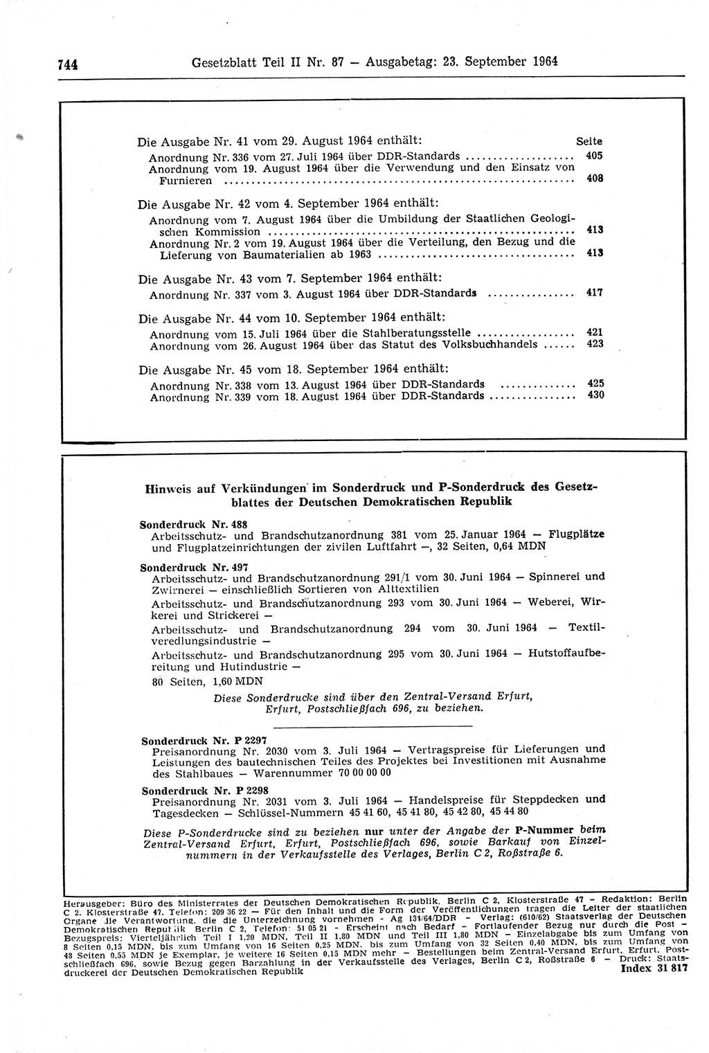 Gesetzblatt (GBl.) der Deutschen Demokratischen Republik (DDR) Teil ⅠⅠ 1964, Seite 744 (GBl. DDR ⅠⅠ 1964, S. 744)