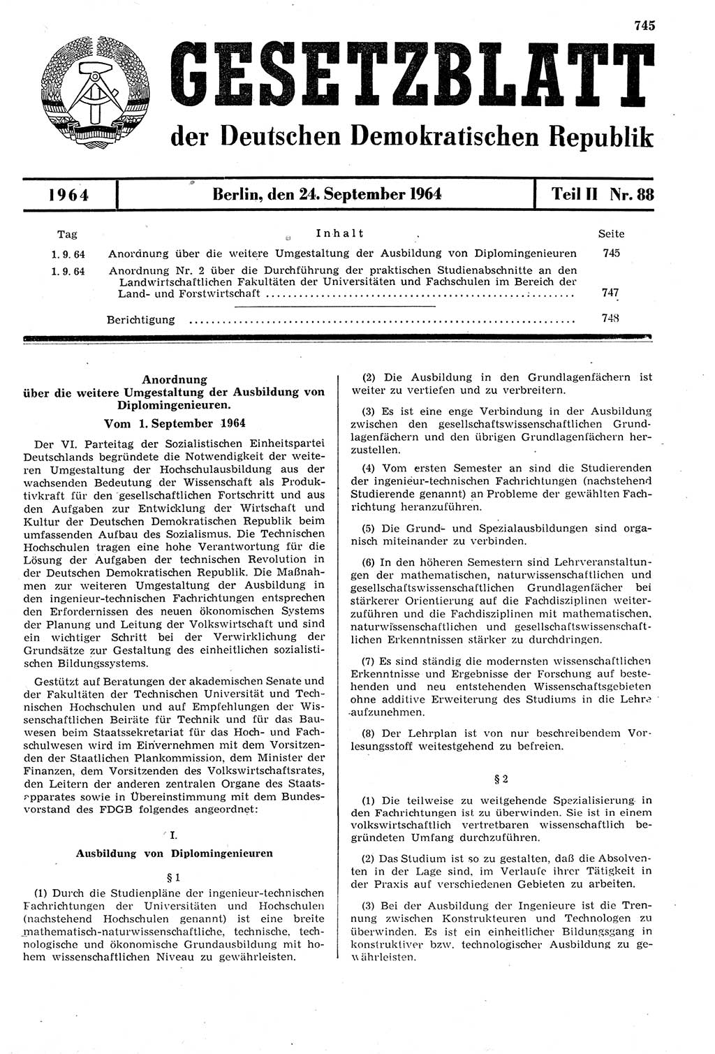 Gesetzblatt (GBl.) der Deutschen Demokratischen Republik (DDR) Teil ⅠⅠ 1964, Seite 745 (GBl. DDR ⅠⅠ 1964, S. 745)