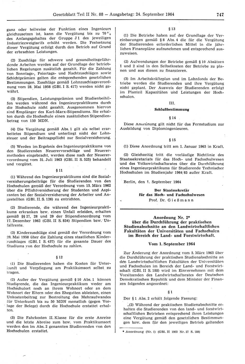 Gesetzblatt (GBl.) der Deutschen Demokratischen Republik (DDR) Teil ⅠⅠ 1964, Seite 747 (GBl. DDR ⅠⅠ 1964, S. 747)