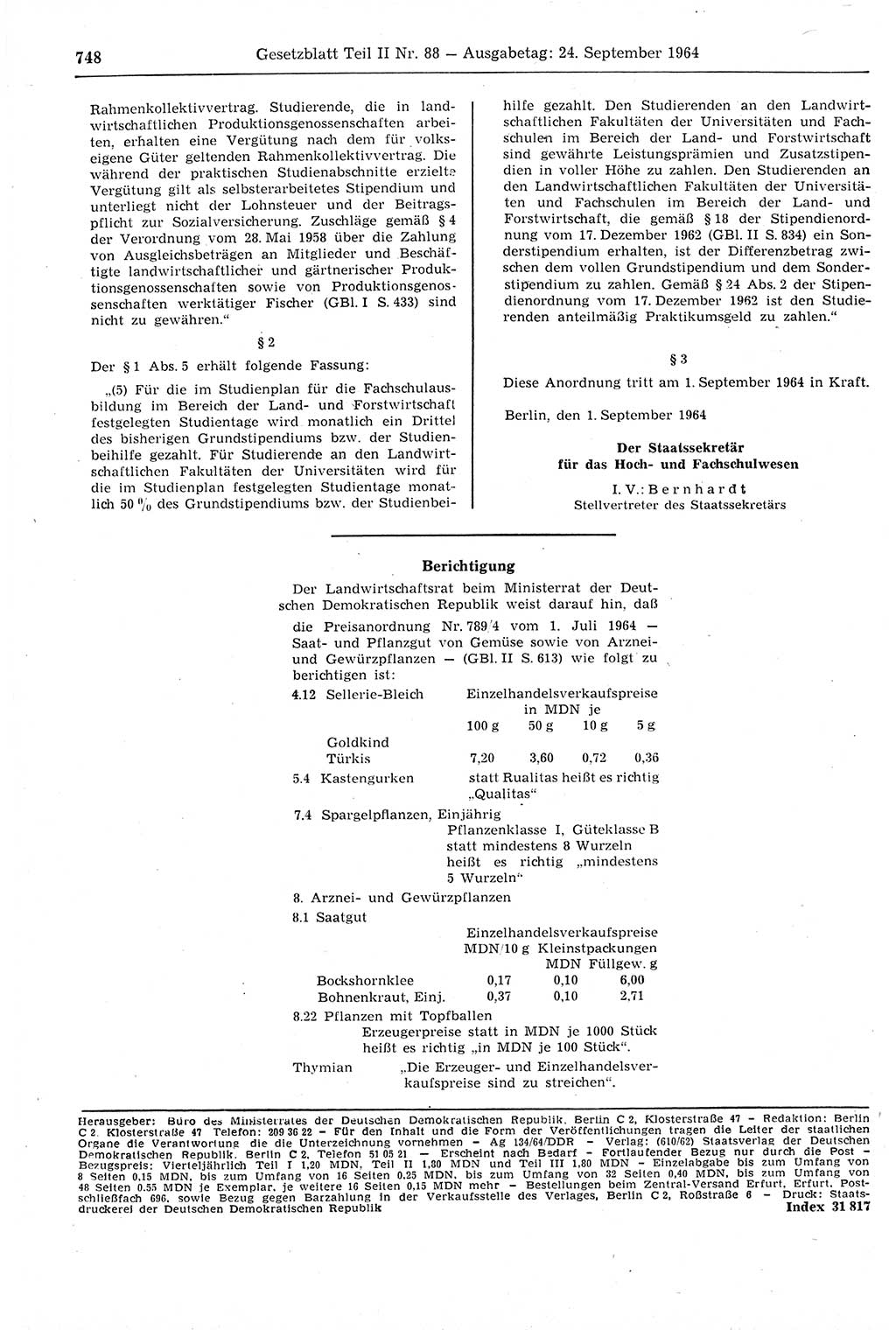 Gesetzblatt (GBl.) der Deutschen Demokratischen Republik (DDR) Teil ⅠⅠ 1964, Seite 748 (GBl. DDR ⅠⅠ 1964, S. 748)