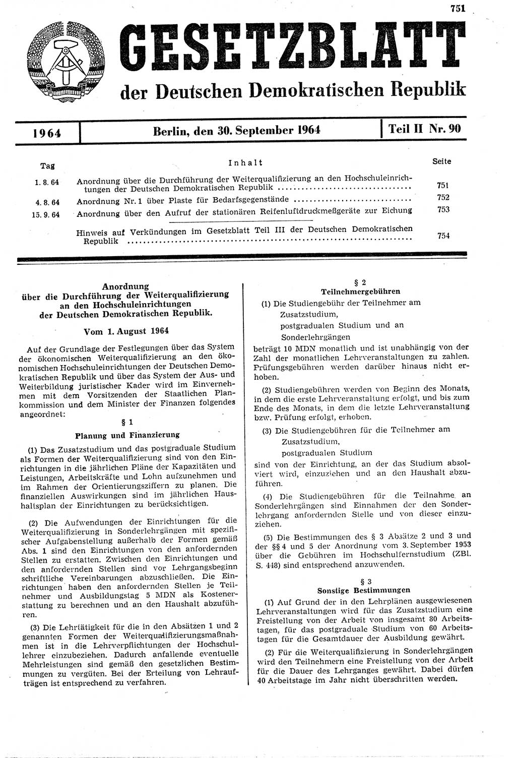 Gesetzblatt (GBl.) der Deutschen Demokratischen Republik (DDR) Teil ⅠⅠ 1964, Seite 751 (GBl. DDR ⅠⅠ 1964, S. 751)