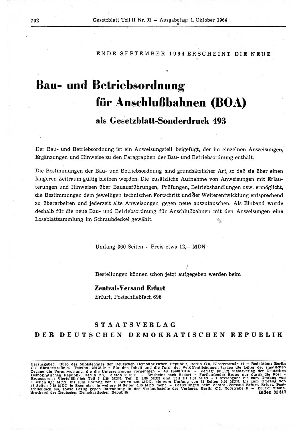 Gesetzblatt (GBl.) der Deutschen Demokratischen Republik (DDR) Teil ⅠⅠ 1964, Seite 762 (GBl. DDR ⅠⅠ 1964, S. 762)