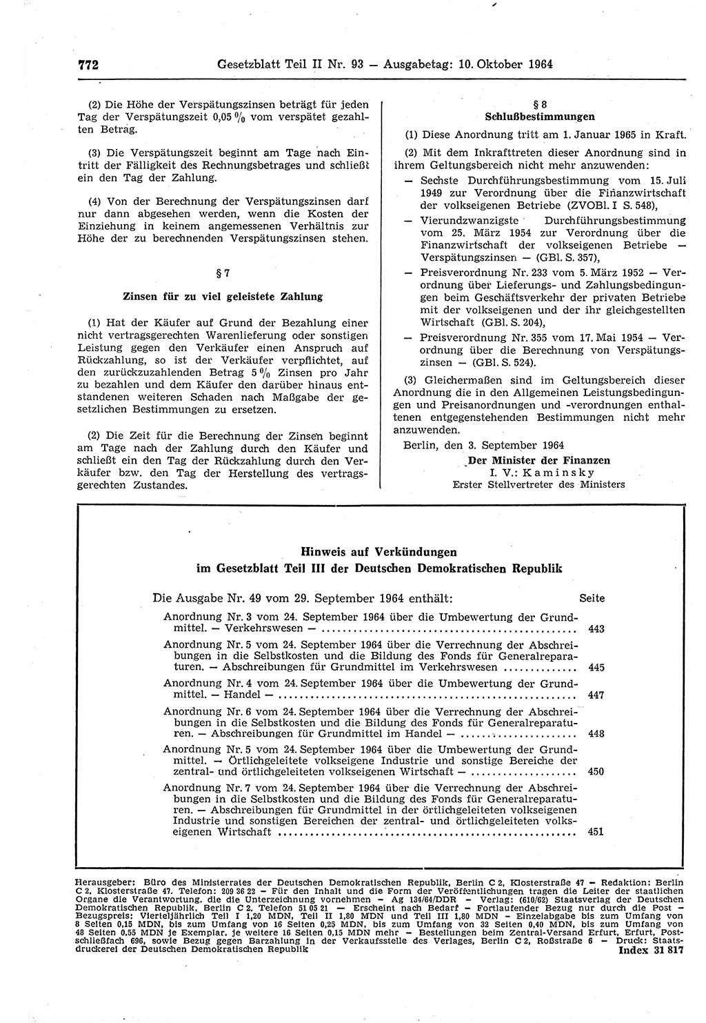 Gesetzblatt (GBl.) der Deutschen Demokratischen Republik (DDR) Teil ⅠⅠ 1964, Seite 772 (GBl. DDR ⅠⅠ 1964, S. 772)