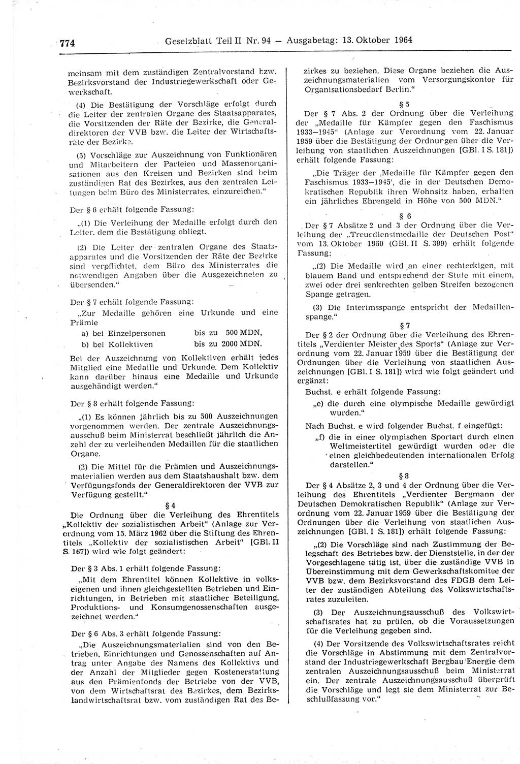 Gesetzblatt (GBl.) der Deutschen Demokratischen Republik (DDR) Teil ⅠⅠ 1964, Seite 774 (GBl. DDR ⅠⅠ 1964, S. 774)