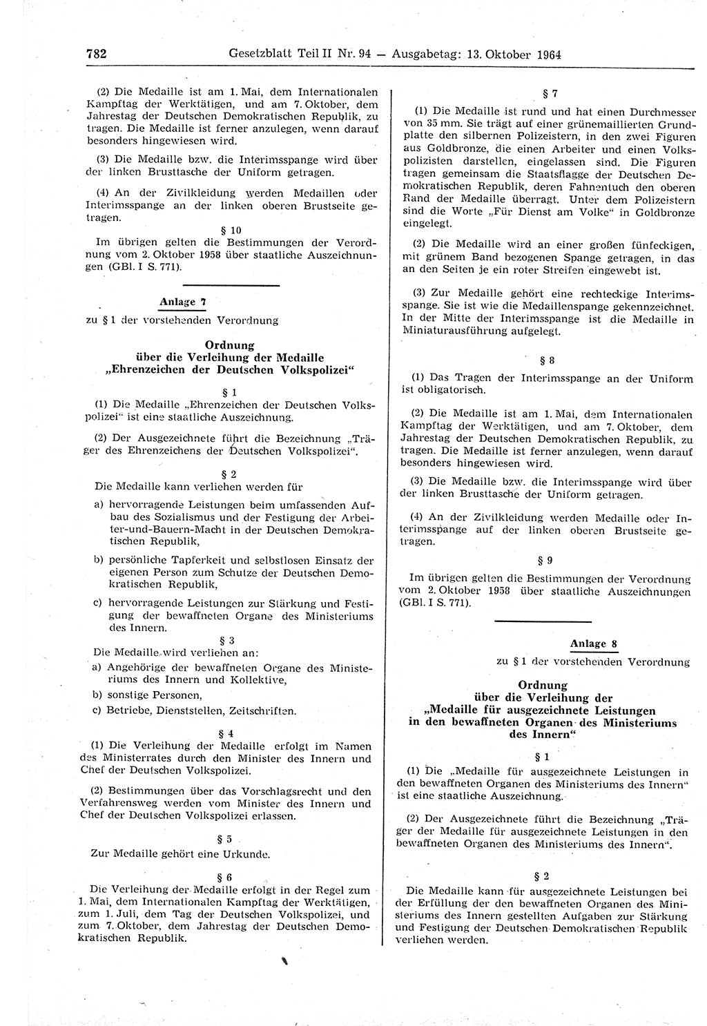 Gesetzblatt (GBl.) der Deutschen Demokratischen Republik (DDR) Teil ⅠⅠ 1964, Seite 782 (GBl. DDR ⅠⅠ 1964, S. 782)