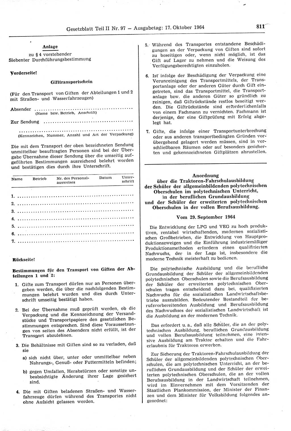 Gesetzblatt (GBl.) der Deutschen Demokratischen Republik (DDR) Teil ⅠⅠ 1964, Seite 811 (GBl. DDR ⅠⅠ 1964, S. 811)