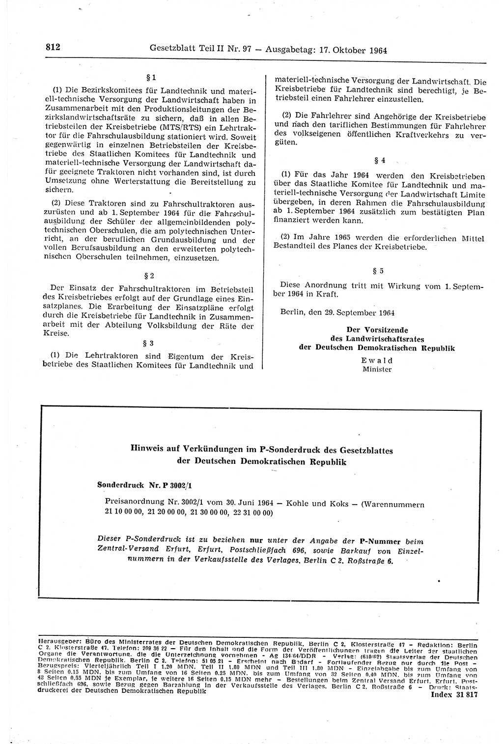 Gesetzblatt (GBl.) der Deutschen Demokratischen Republik (DDR) Teil ⅠⅠ 1964, Seite 812 (GBl. DDR ⅠⅠ 1964, S. 812)