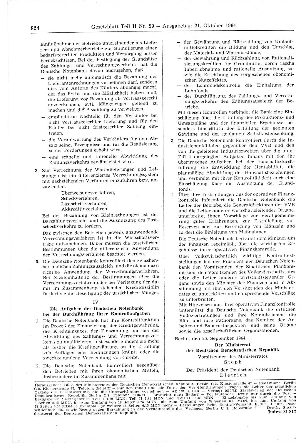 Gesetzblatt (GBl.) der Deutschen Demokratischen Republik (DDR) Teil ⅠⅠ 1964, Seite 824 (GBl. DDR ⅠⅠ 1964, S. 824)