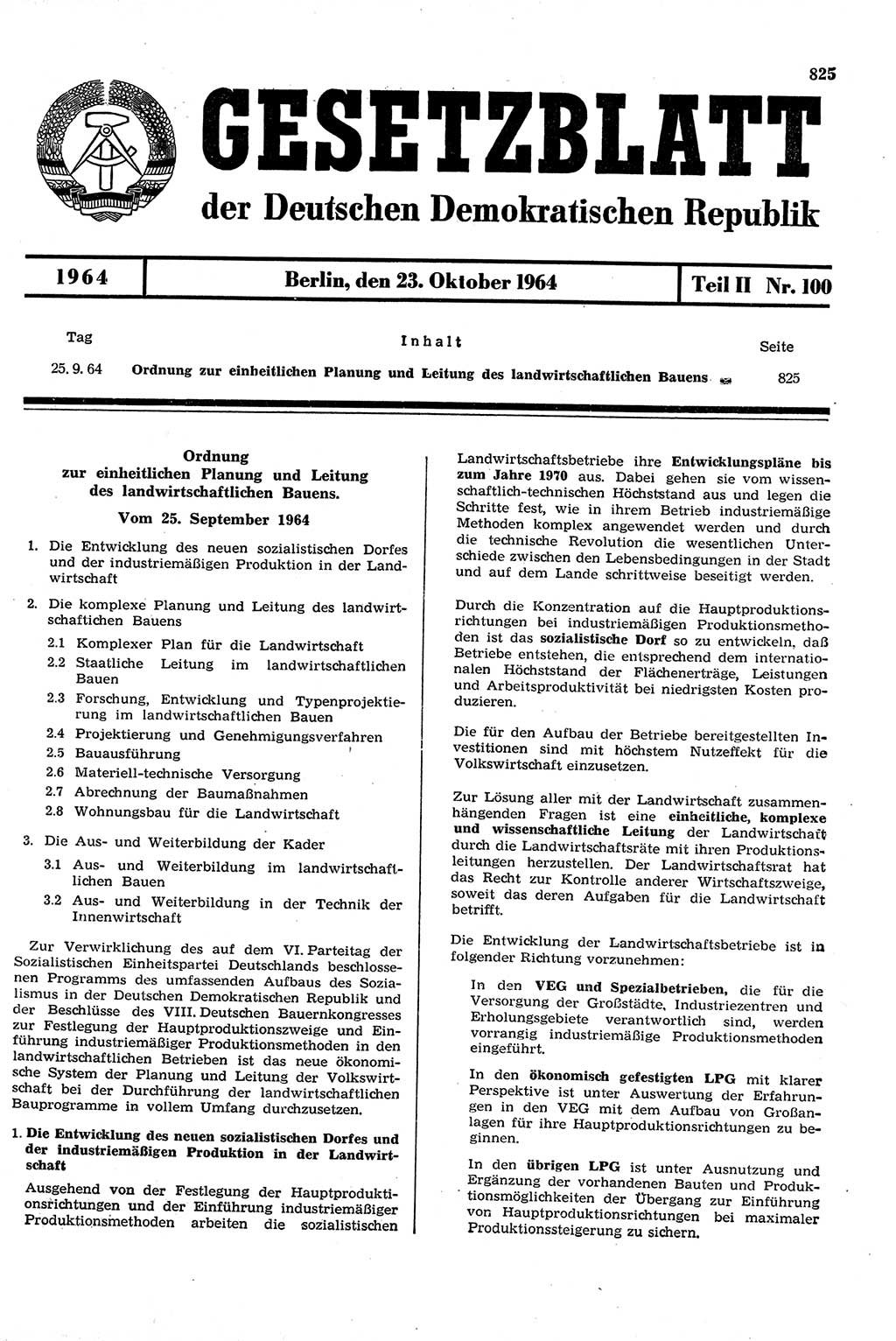 Gesetzblatt (GBl.) der Deutschen Demokratischen Republik (DDR) Teil ⅠⅠ 1964, Seite 825 (GBl. DDR ⅠⅠ 1964, S. 825)