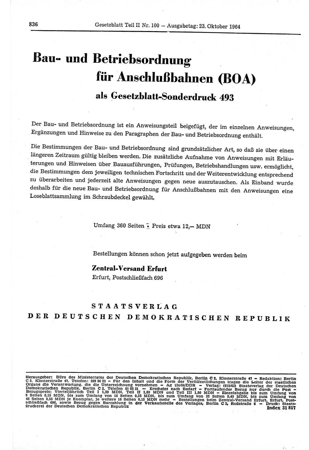 Gesetzblatt (GBl.) der Deutschen Demokratischen Republik (DDR) Teil ⅠⅠ 1964, Seite 836 (GBl. DDR ⅠⅠ 1964, S. 836)