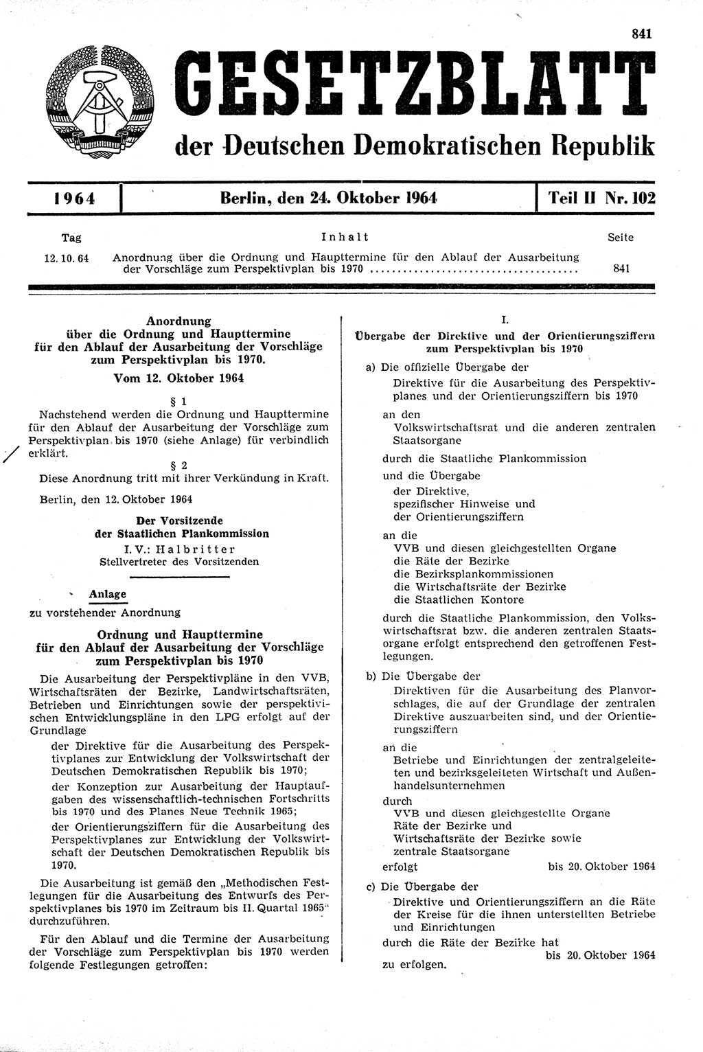 Gesetzblatt (GBl.) der Deutschen Demokratischen Republik (DDR) Teil ⅠⅠ 1964, Seite 841 (GBl. DDR ⅠⅠ 1964, S. 841)