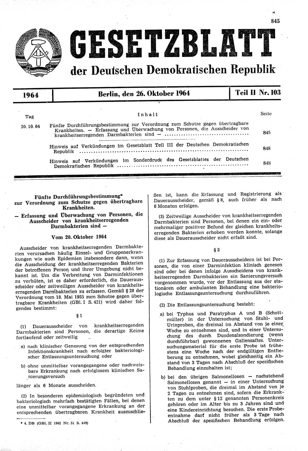 Gesetzblatt (GBl.) der Deutschen Demokratischen Republik (DDR) Teil ⅠⅠ 1964, Seite 845 (GBl. DDR ⅠⅠ 1964, S. 845)
