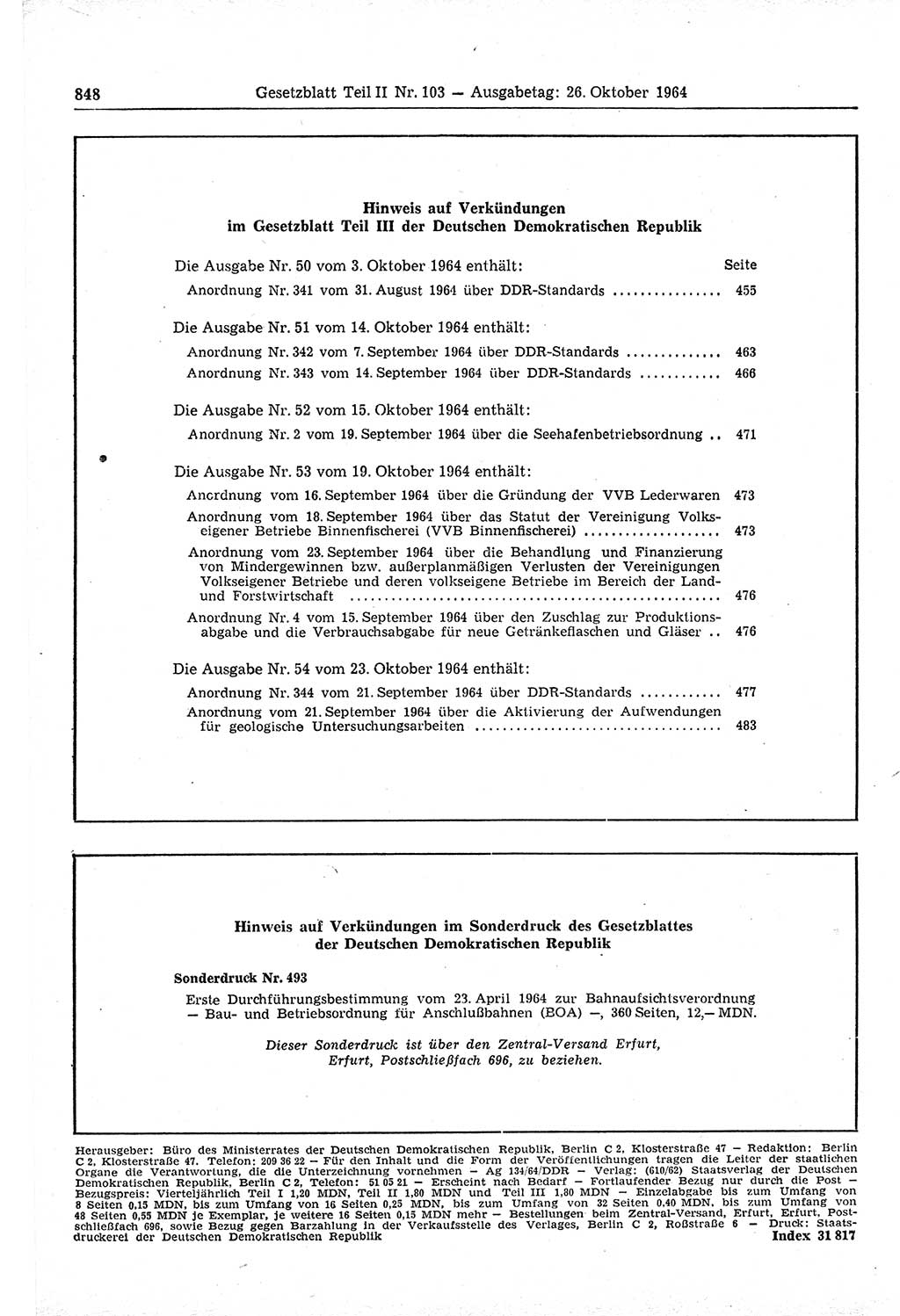 Gesetzblatt (GBl.) der Deutschen Demokratischen Republik (DDR) Teil ⅠⅠ 1964, Seite 848 (GBl. DDR ⅠⅠ 1964, S. 848)