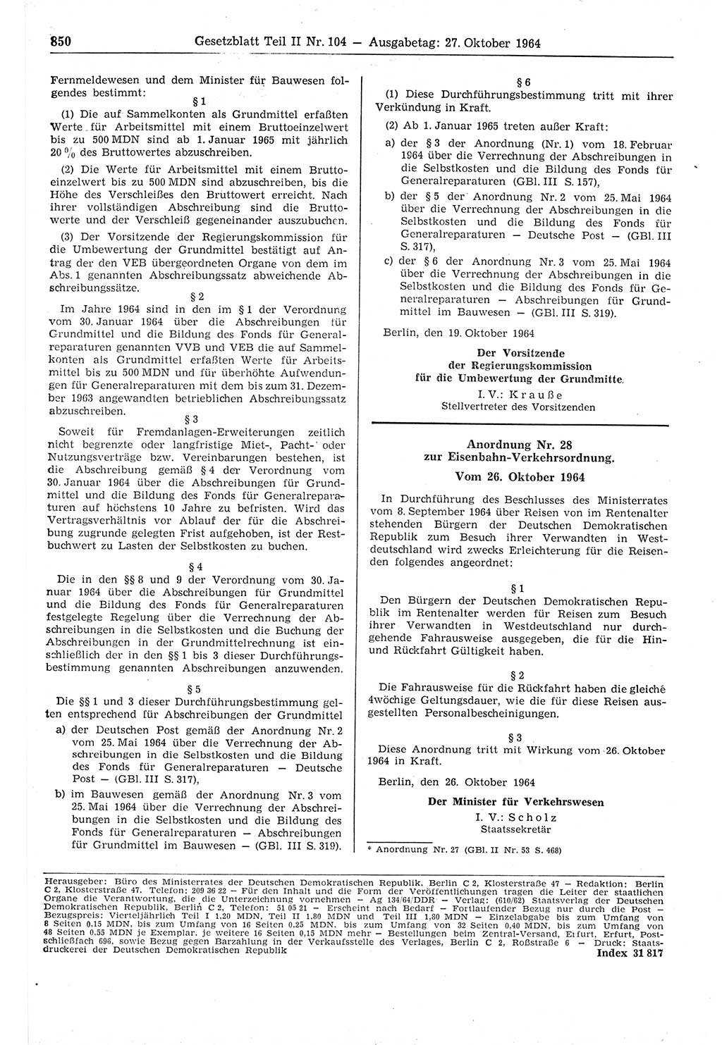 Gesetzblatt (GBl.) der Deutschen Demokratischen Republik (DDR) Teil ⅠⅠ 1964, Seite 850 (GBl. DDR ⅠⅠ 1964, S. 850)