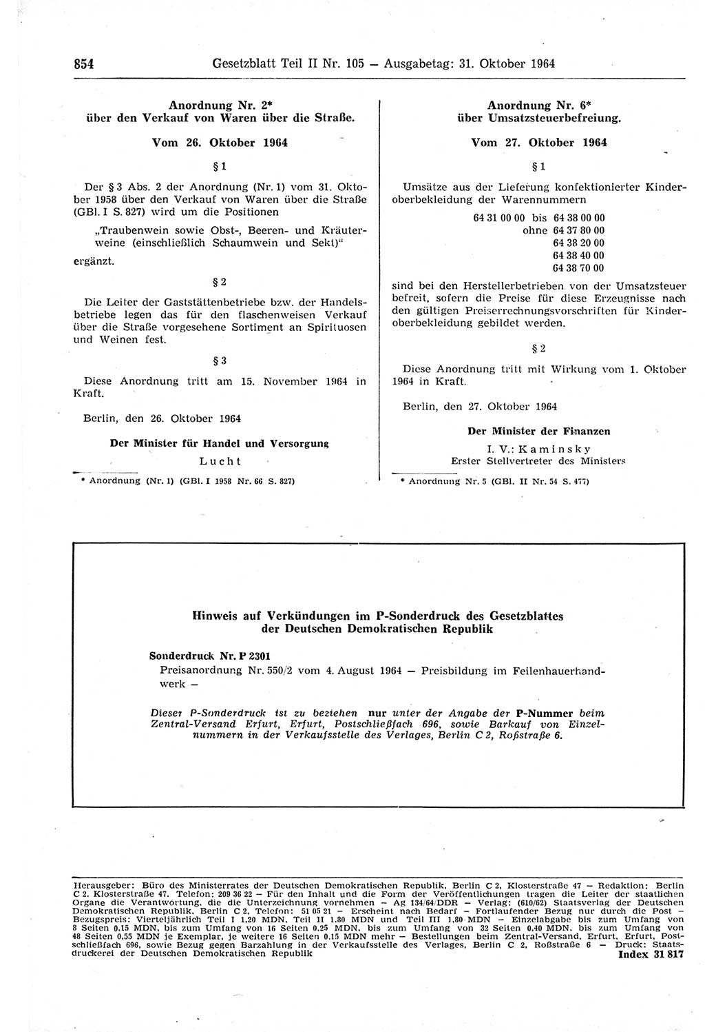 Gesetzblatt (GBl.) der Deutschen Demokratischen Republik (DDR) Teil ⅠⅠ 1964, Seite 854 (GBl. DDR ⅠⅠ 1964, S. 854)