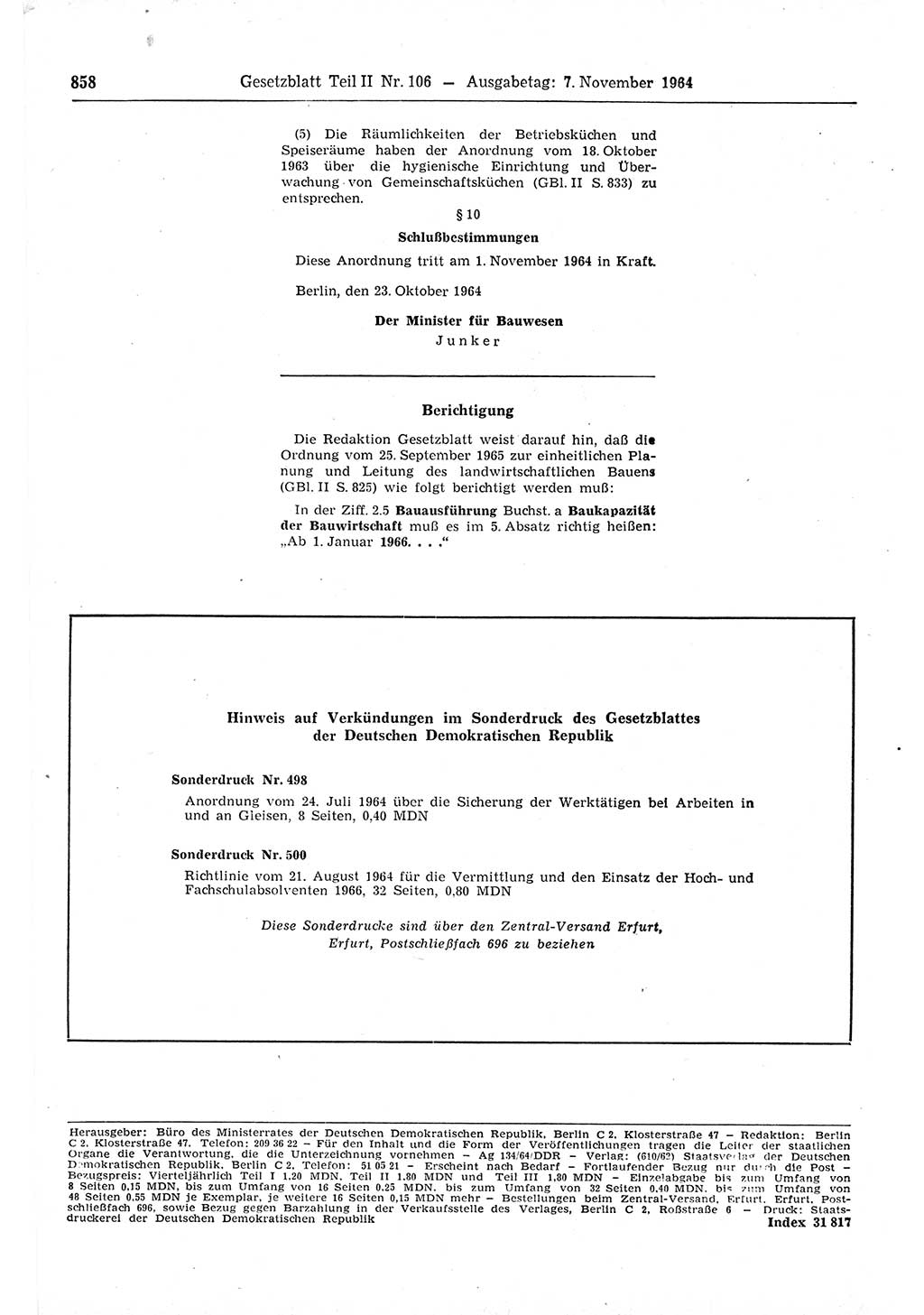 Gesetzblatt (GBl.) der Deutschen Demokratischen Republik (DDR) Teil ⅠⅠ 1964, Seite 858 (GBl. DDR ⅠⅠ 1964, S. 858)