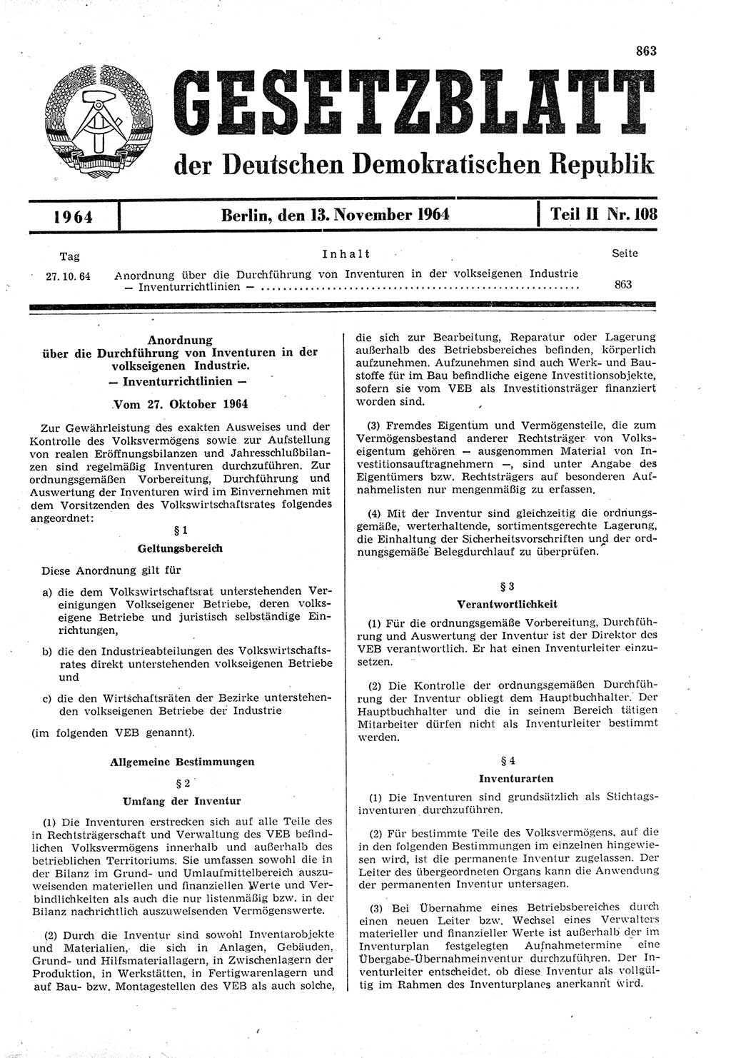 Gesetzblatt (GBl.) der Deutschen Demokratischen Republik (DDR) Teil ⅠⅠ 1964, Seite 863 (GBl. DDR ⅠⅠ 1964, S. 863)