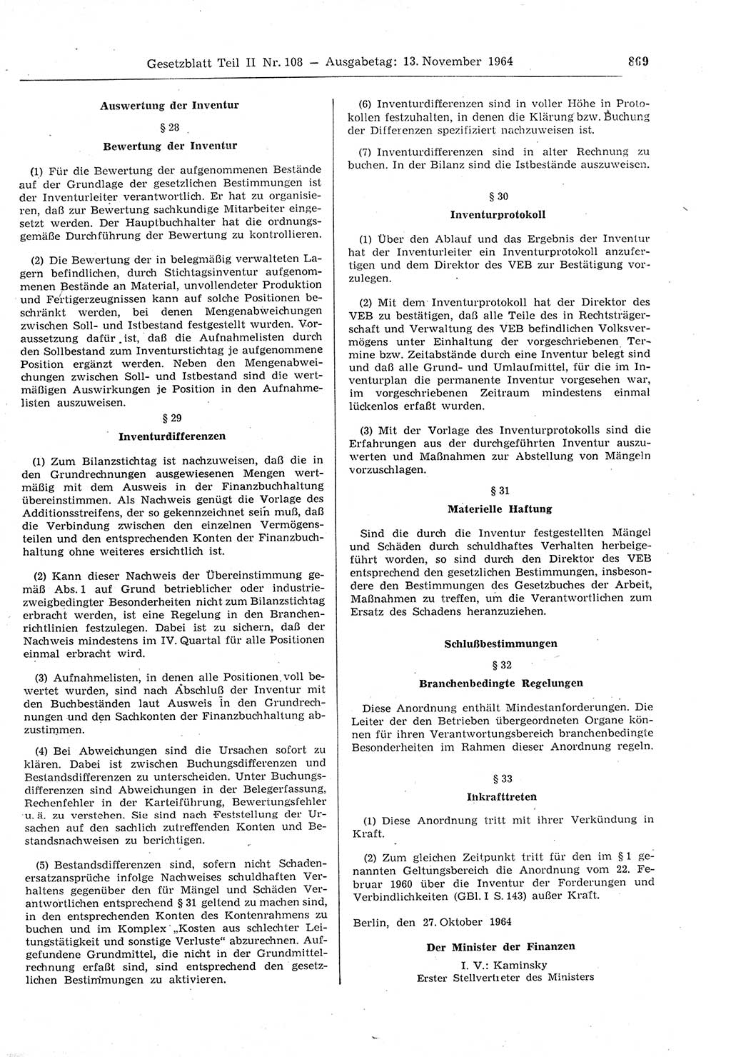 Gesetzblatt (GBl.) der Deutschen Demokratischen Republik (DDR) Teil ⅠⅠ 1964, Seite 869 (GBl. DDR ⅠⅠ 1964, S. 869)