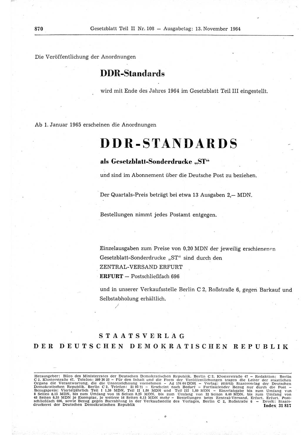 Gesetzblatt (GBl.) der Deutschen Demokratischen Republik (DDR) Teil ⅠⅠ 1964, Seite 870 (GBl. DDR ⅠⅠ 1964, S. 870)