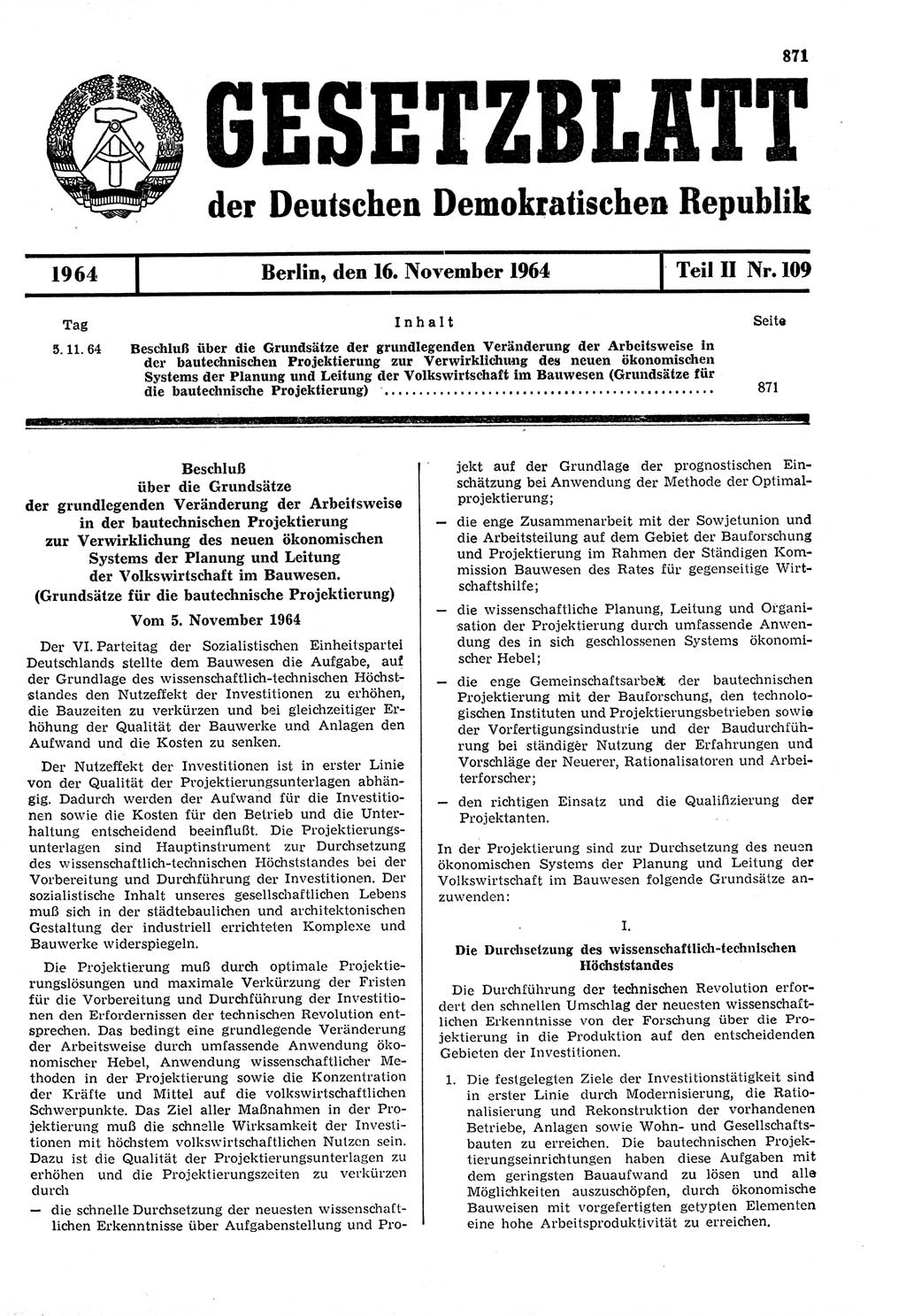 Gesetzblatt (GBl.) der Deutschen Demokratischen Republik (DDR) Teil ⅠⅠ 1964, Seite 871 (GBl. DDR ⅠⅠ 1964, S. 871)