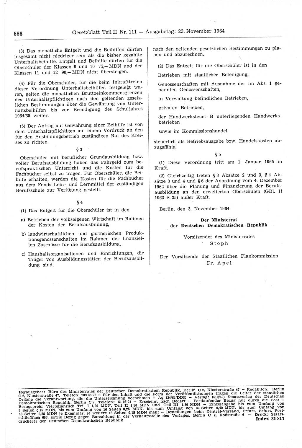 Gesetzblatt (GBl.) der Deutschen Demokratischen Republik (DDR) Teil ⅠⅠ 1964, Seite 888 (GBl. DDR ⅠⅠ 1964, S. 888)